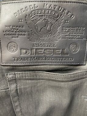 Diesel Men’s Charcoal Slim Jeans with Embossed Leather Patch